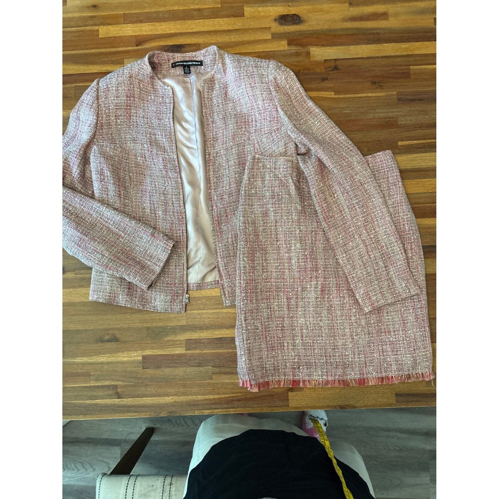 Company Ellen Tracy Skirt Suit Women Size 2 Pink Tweed Fringe Good Zip Jacket